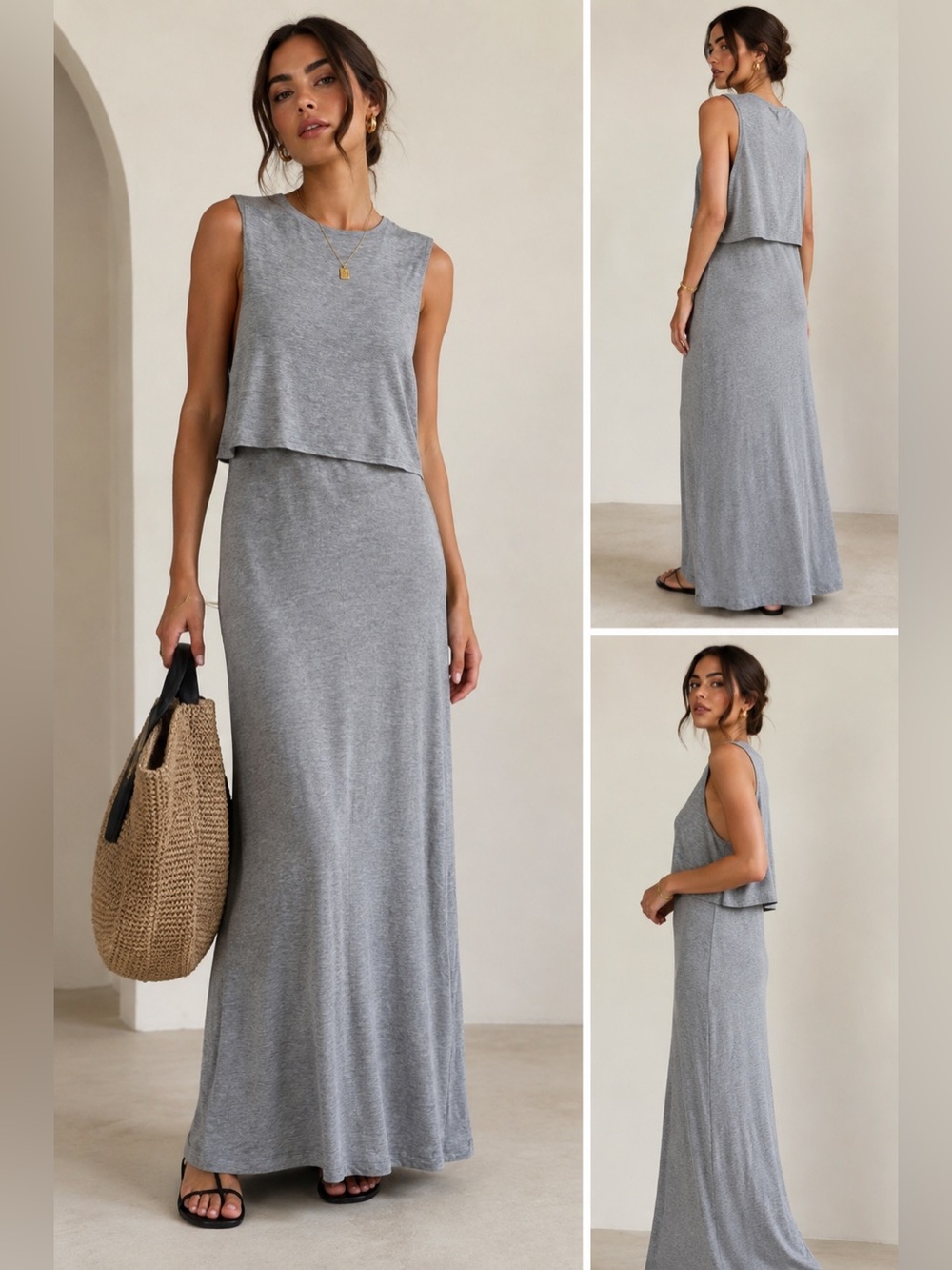 Atmosphere Gray Layered Maxi Dress Sleeveless Stretch Size 8
